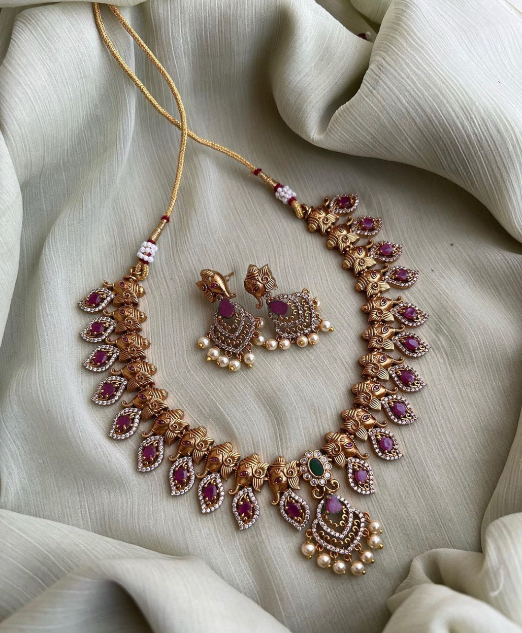 Kemp Stone Cz Golden Pearl Ganeshaji Necklace set