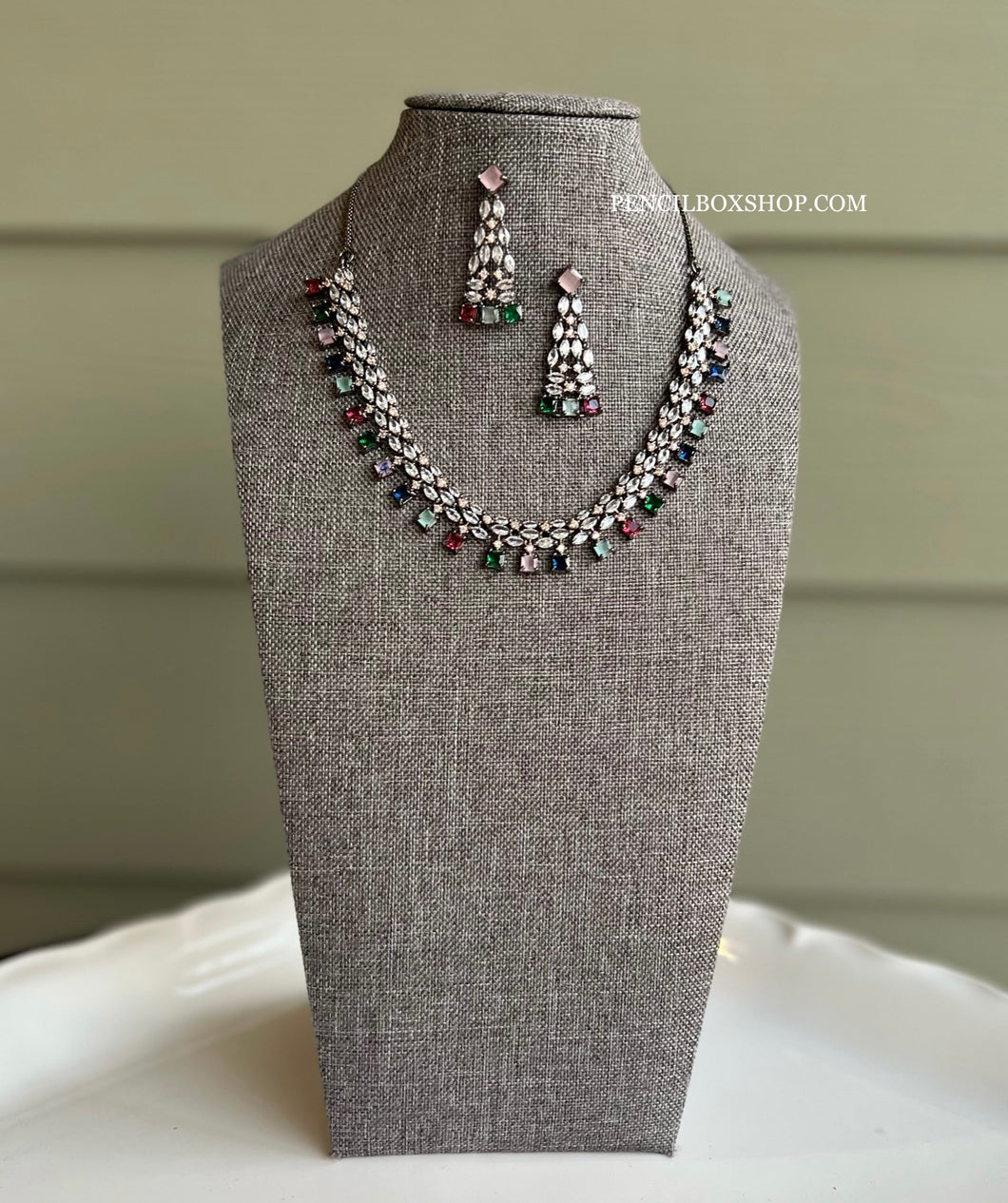 Dainty Victorian Finish Dual tone American Diamond Multicolor Necklace set