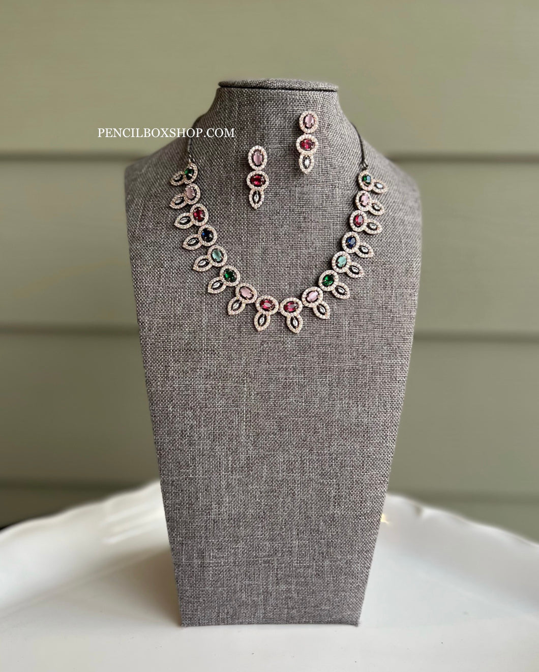 Simple Dainty Victorian Finish Dual tone American Diamond Multicolor Necklace set