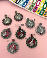 Load image into Gallery viewer, Silver lookalike German silver Pink Mint Peacock Earrings
