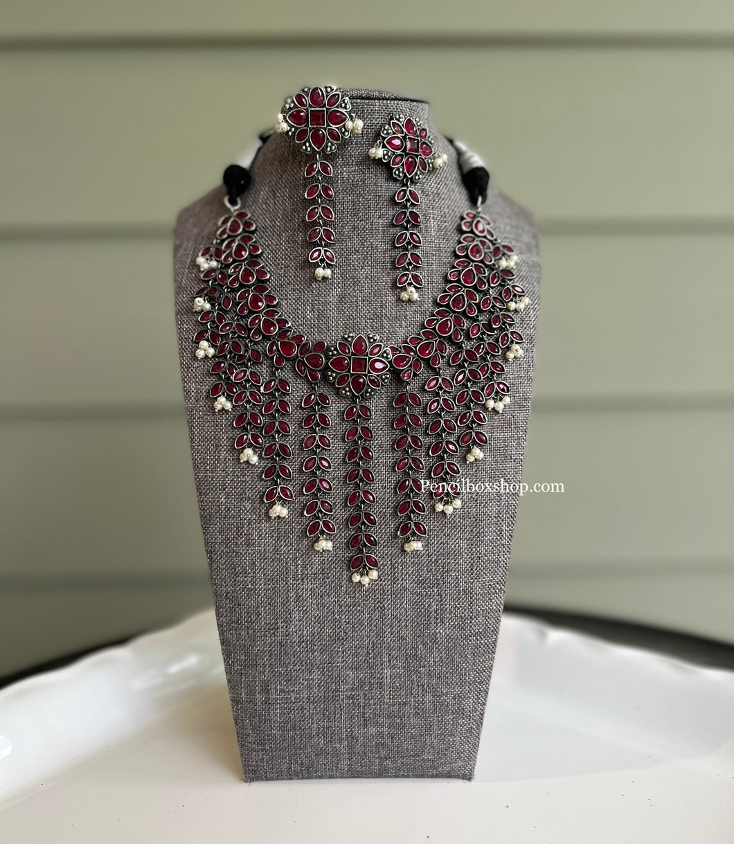 German Silver Tassel Ruby Statement Leaf Hanging Pearl Necklace set