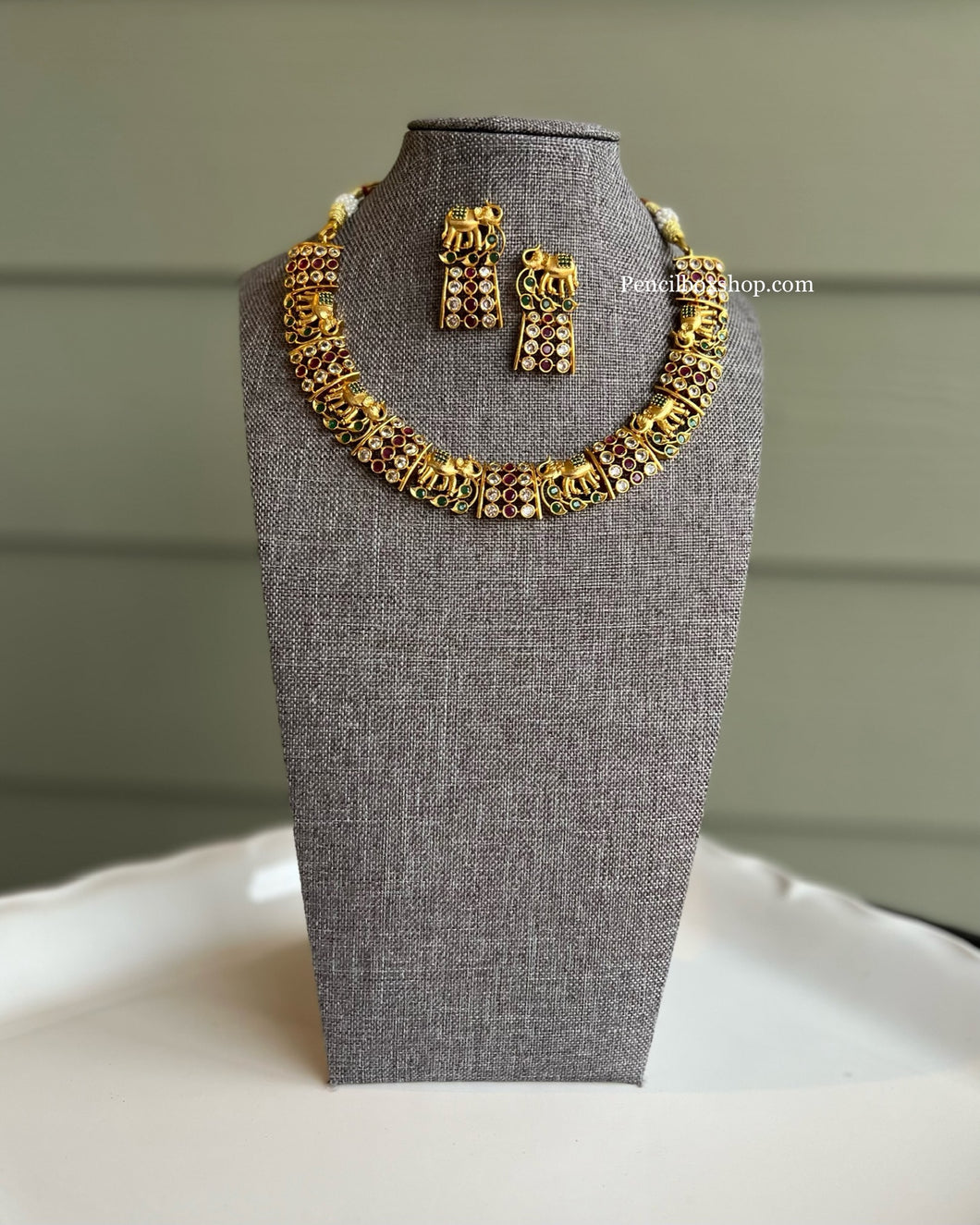 Elephant Multicolor Cz stone kemp stone Temple Necklace set