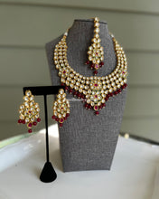 Load image into Gallery viewer, Kundan Green Ruby Heavy Statement Designer Piece Necklace set with maangtikka
