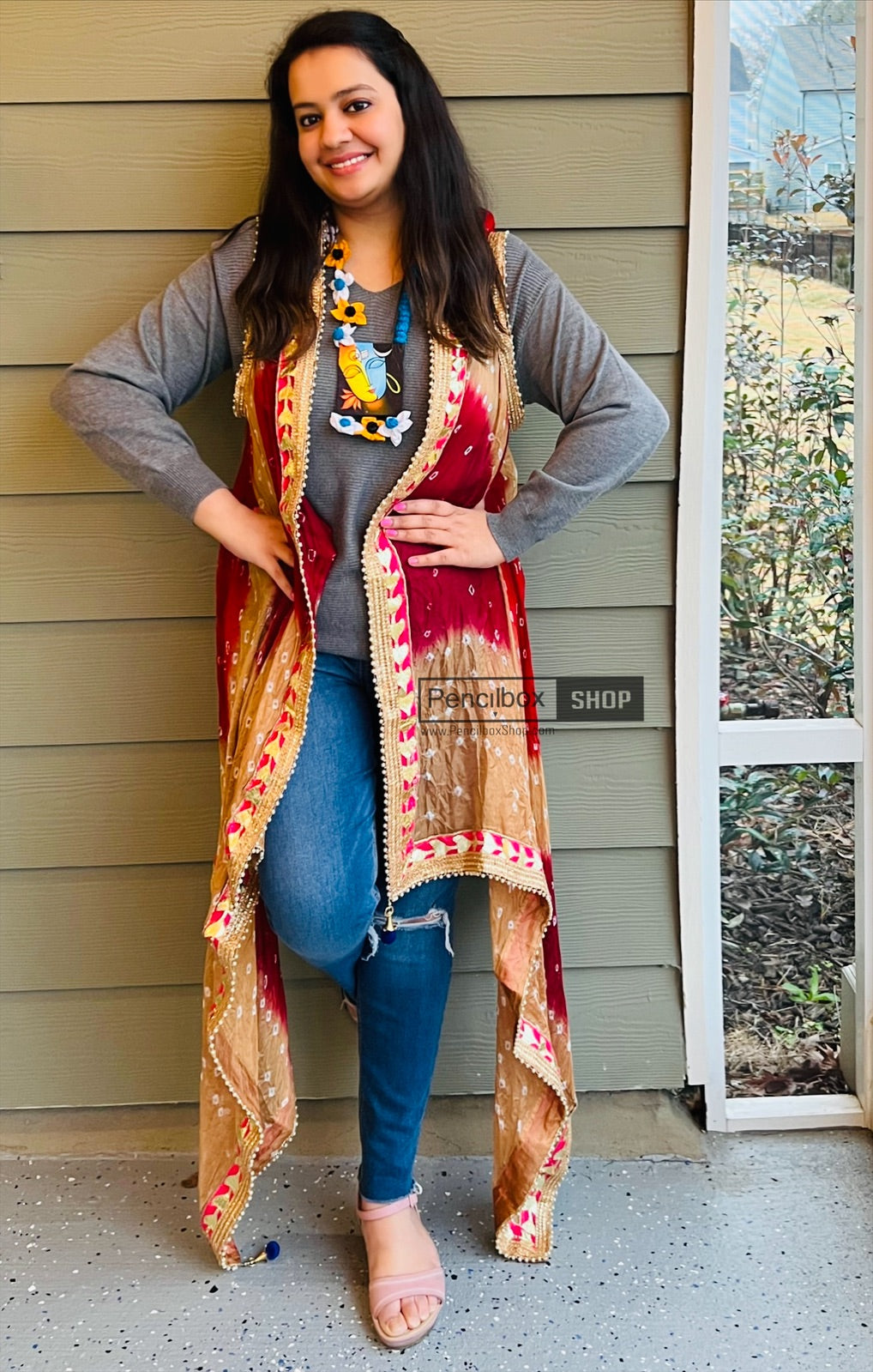 Ready to ship BANDHANI Red Golden SHRUG FREE SIZE style 158