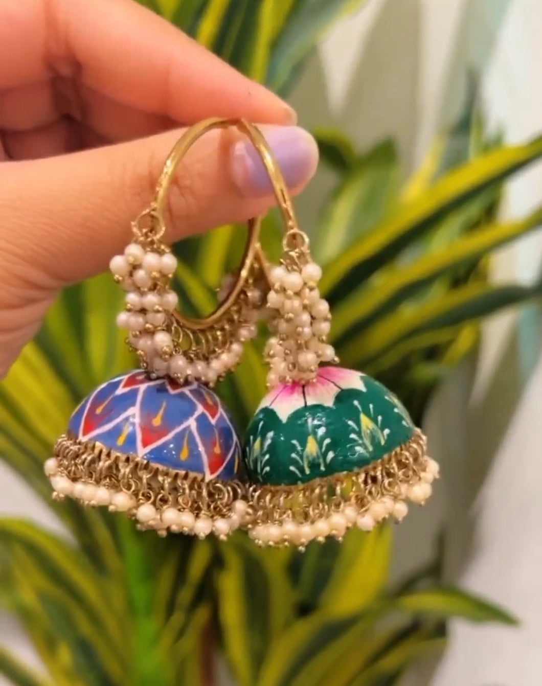 Meenakari Pearl Cluster painted Jhumka Earrings