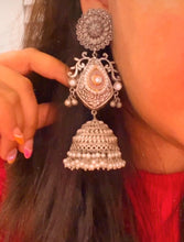 Load image into Gallery viewer, 92.5 Silver coated Pink Carved Stone Ghunghroo Long jhumka earrings
