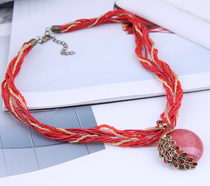 Red Retro Peacock Gem Bead Necklace set for women IDW