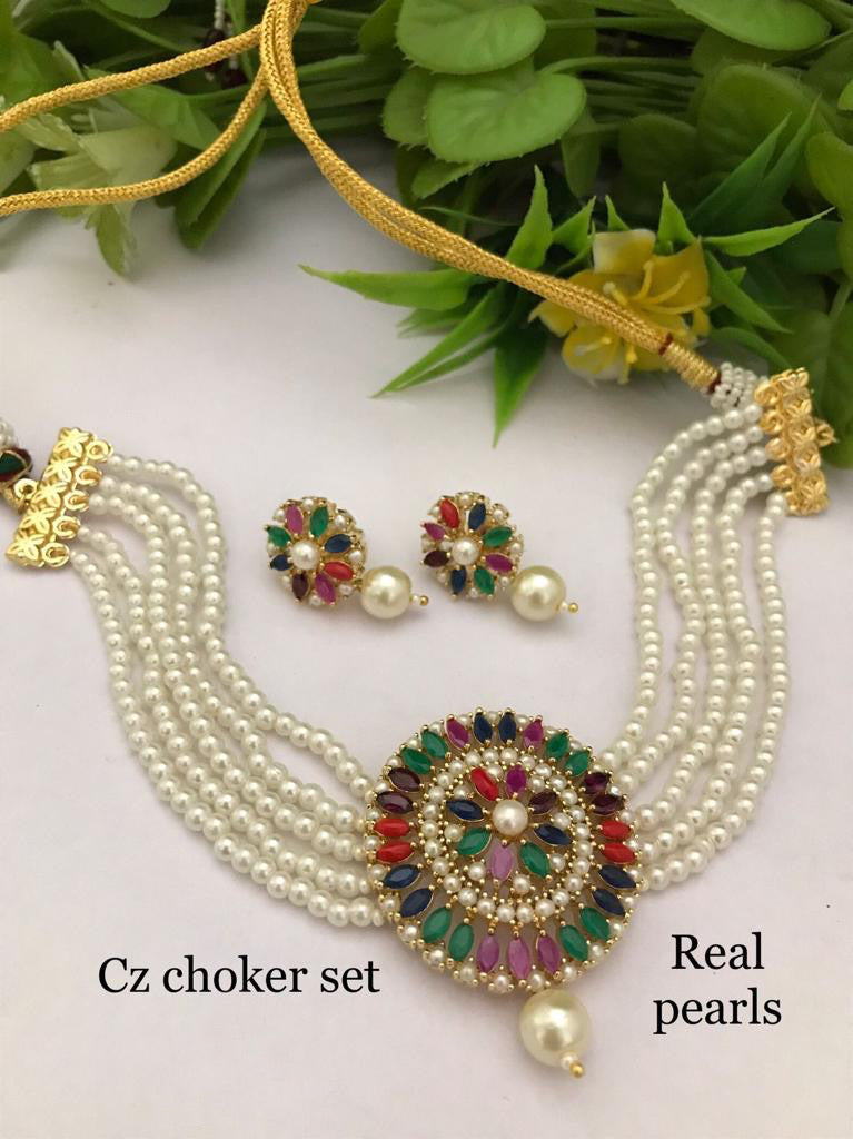 Real pearl American diamond Premium Multicolor Pearls Choker Necklace set