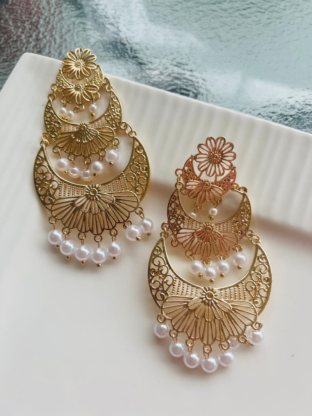 Three layered Cut work Lightweight Chandbaali Earrings