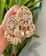 Load image into Gallery viewer, Golden Based Pearl Mirror Medium Jhumka Earrings
