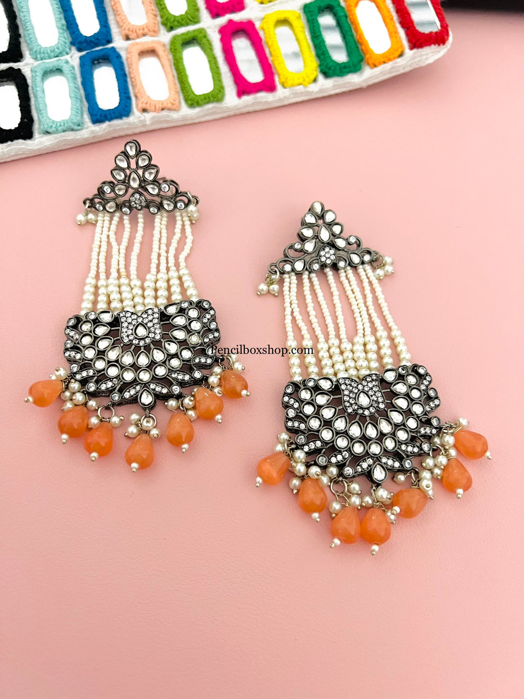 Orange Statement American Diamond Long pearl Dangling Earrings with rodium polish