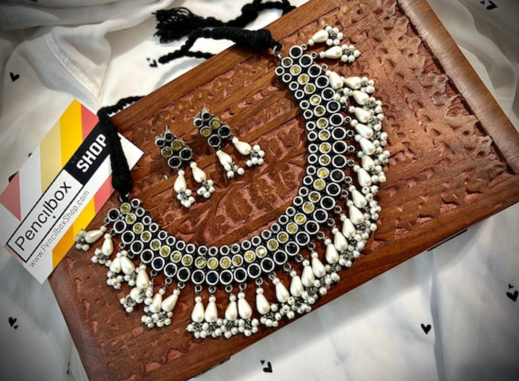 German silver pearl Yellow Blue necklace set