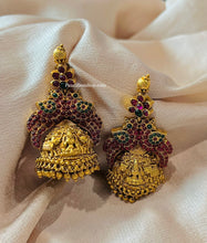 Load image into Gallery viewer, Lakshmi ji Peacock Kemp Stone Big Statement Jhumka Temple Earrings
