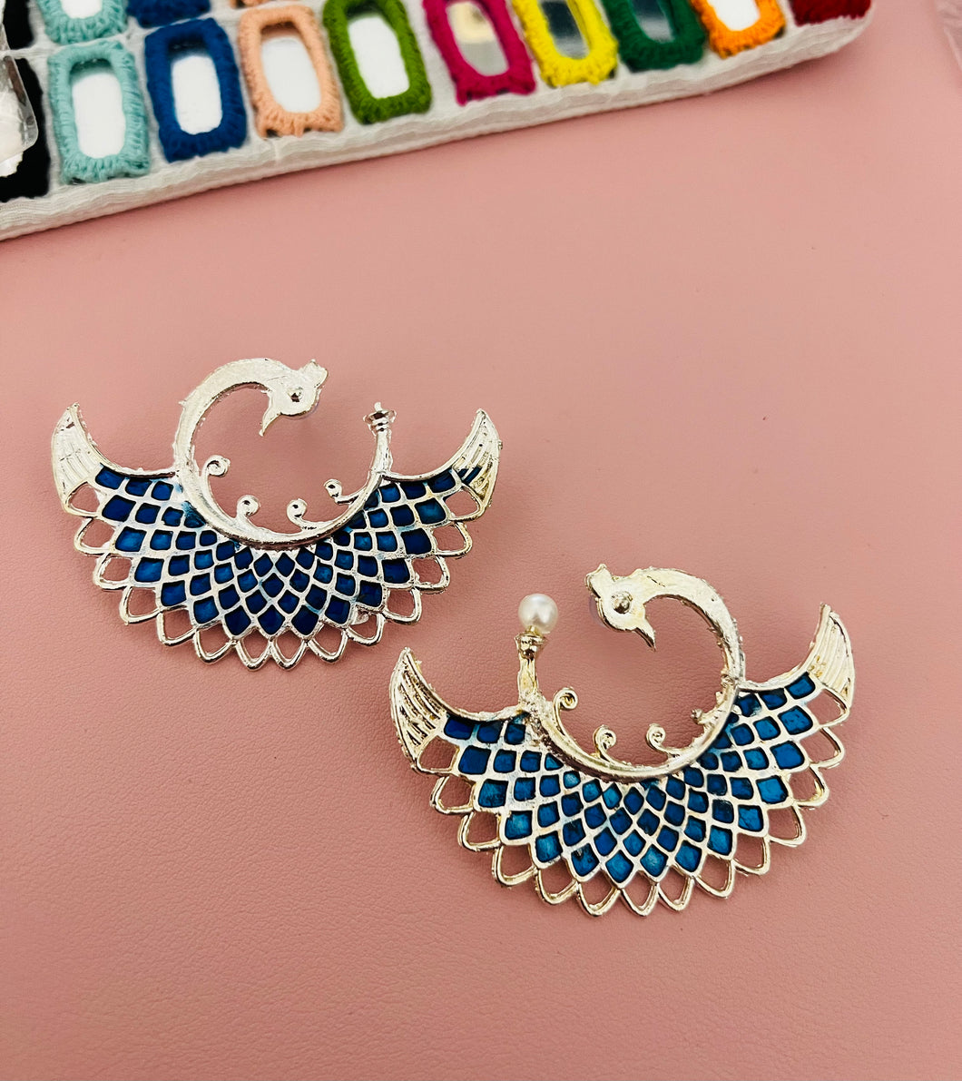 Peacock Big Round Enamel Work Oxidised Stud earrings