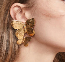 Load image into Gallery viewer, Two layer Golden butterfly Flower Big metal earrings for women IDW
