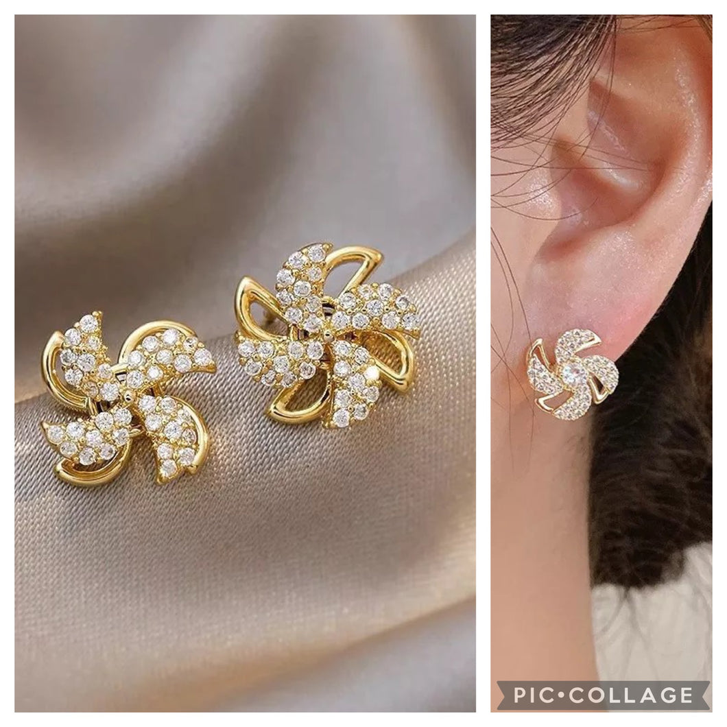 Flower rotate Small cz Rhinestone Stud earrings IDW