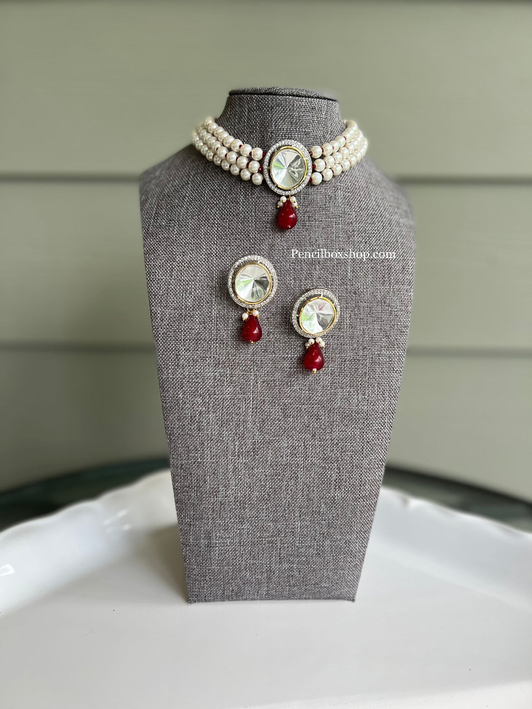 Premium Quality Ruby Uncut Polki  Kundan  Silver Foiled  Necklace set