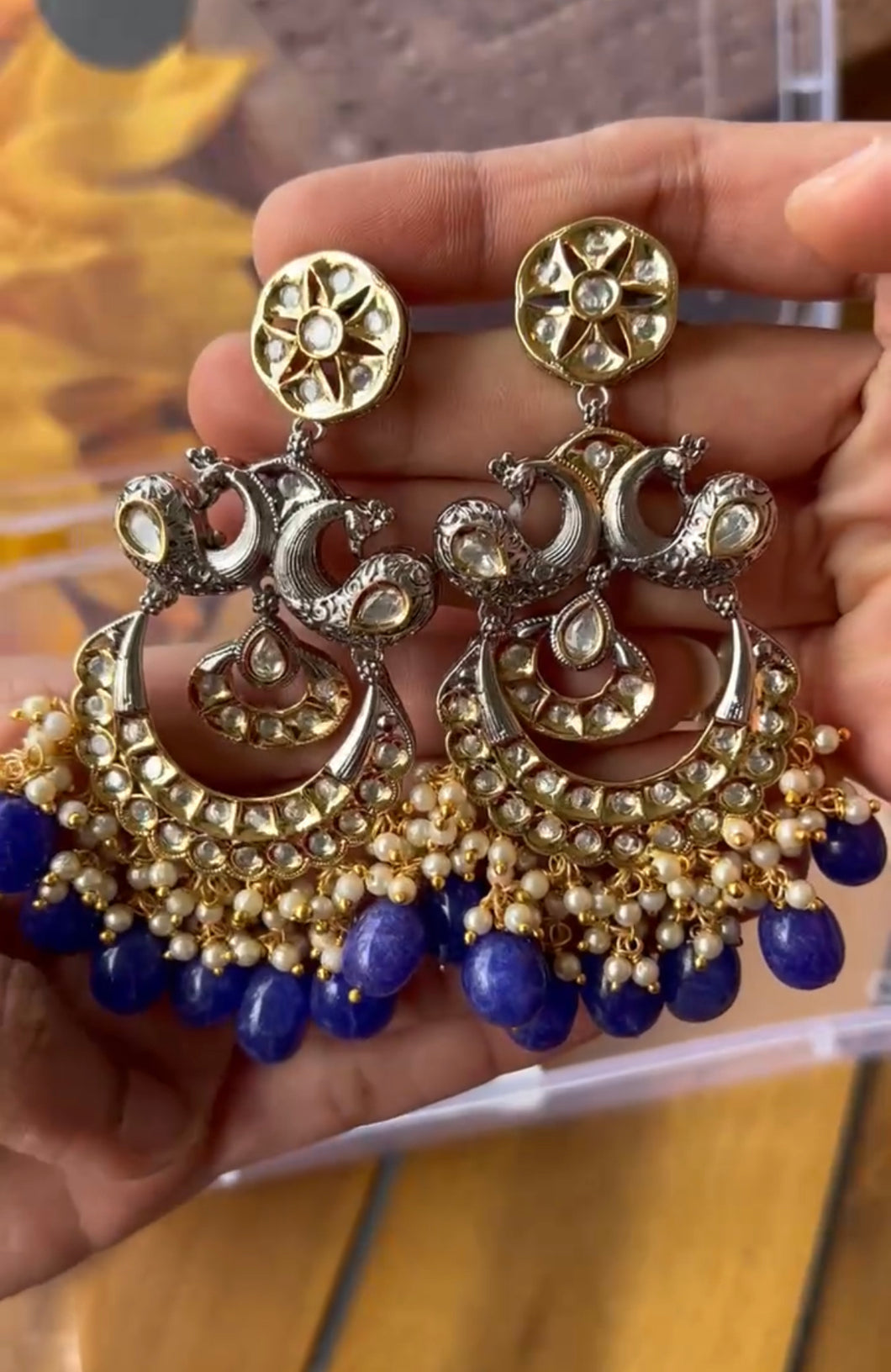 Blue Pearl Turkish Dual Tone statement 18k Gold plated Earrings