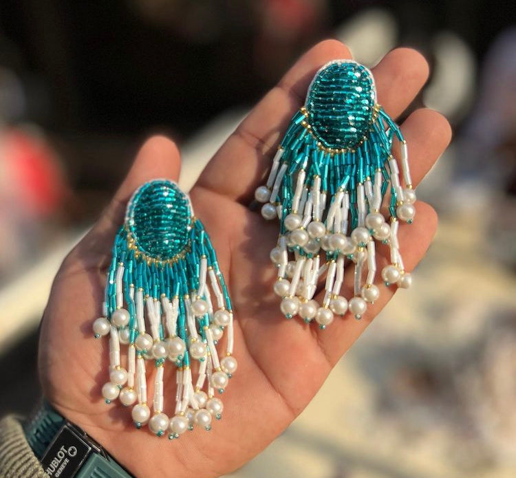 Handmade green seed beads with white pearl earrings