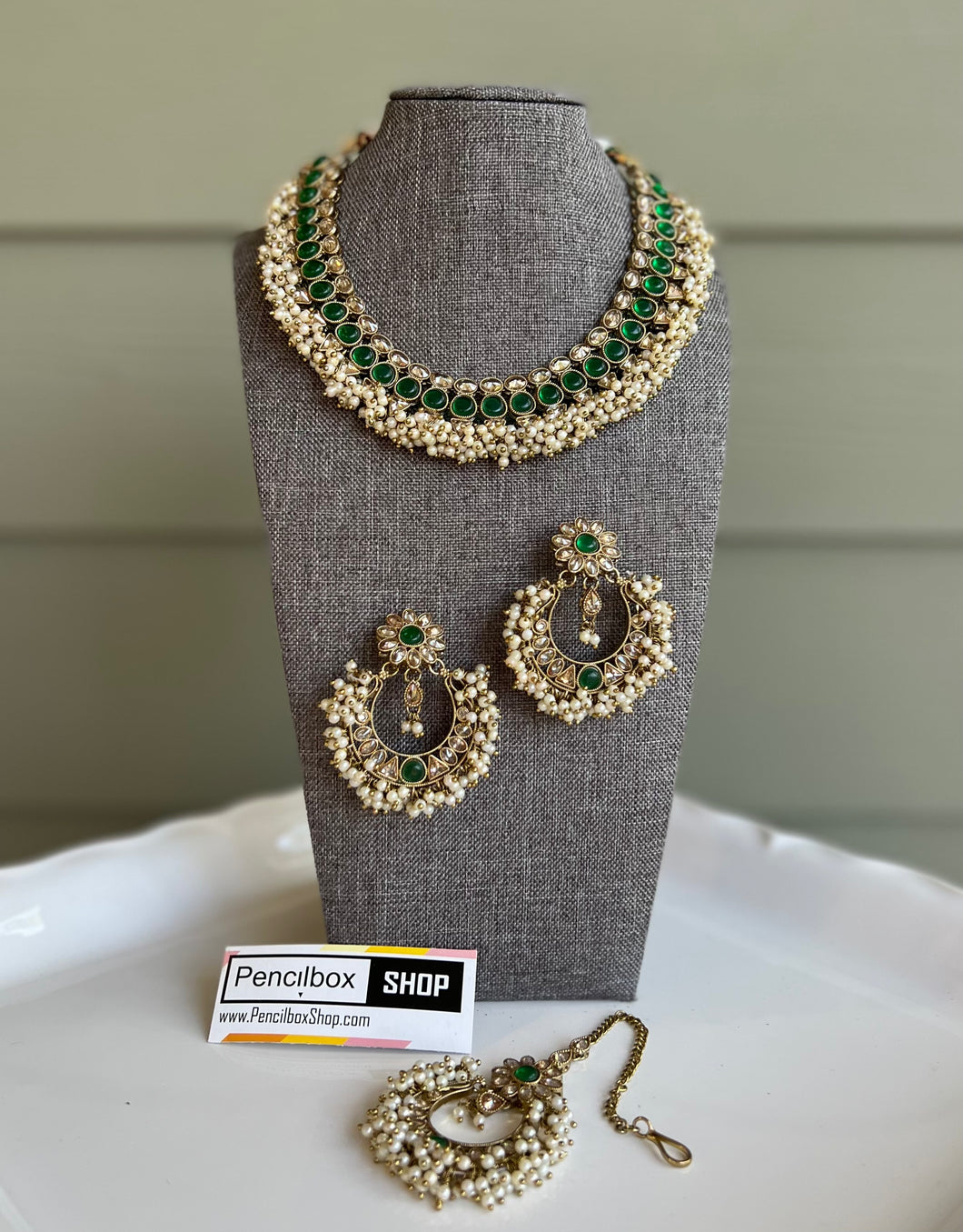Polki Pearl Green Amira Necklace set with Maangtikka