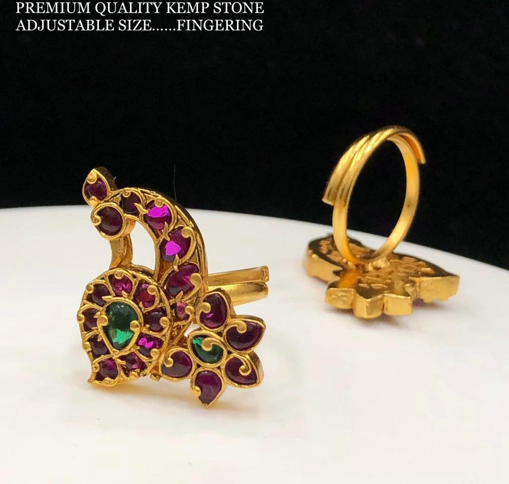 Real Jadau Kemp stone matte finish Adjustable Peacock Ring