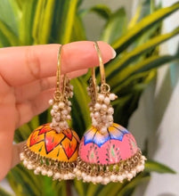 Load image into Gallery viewer, Meenakari Pearl Cluster painted Jhumka Earrings
