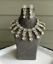Load image into Gallery viewer, Heavy Statement Bridal uncut Kundan cz  Silver foiled Drop Necklace set
