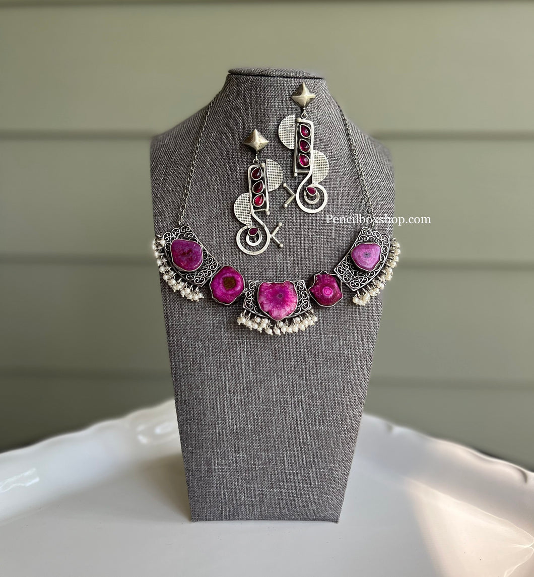 German silver Natural stone brass Silver Pink Stone necklace set