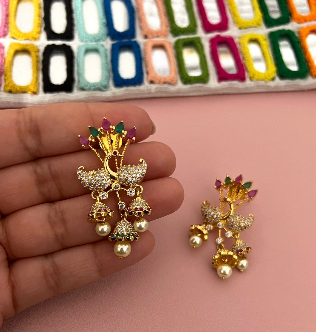 Multicolor American diamond Cz Peacock Shiny Temple earrings