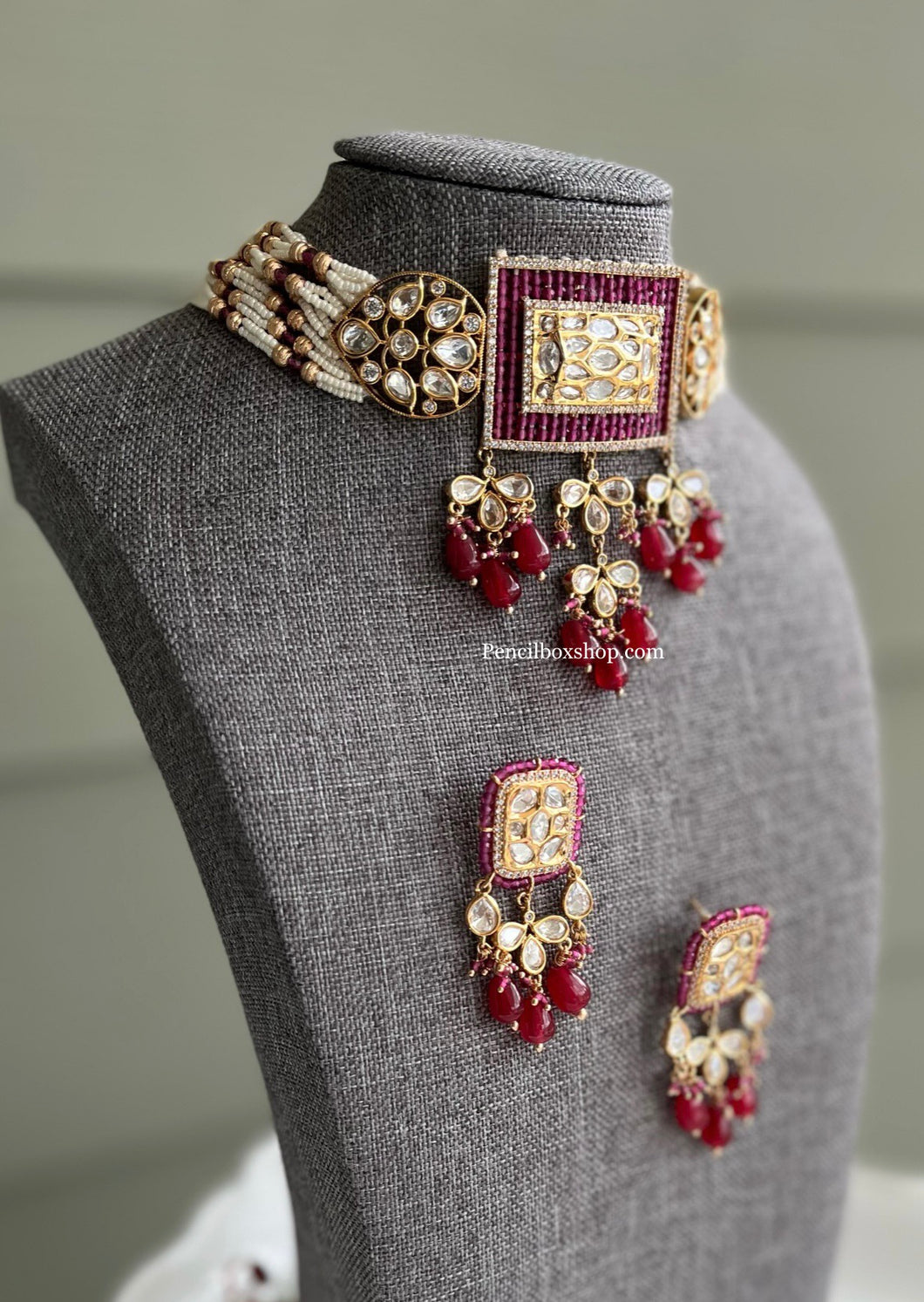 Ruby Gold Tayani American Diamond Premium choker Necklace set