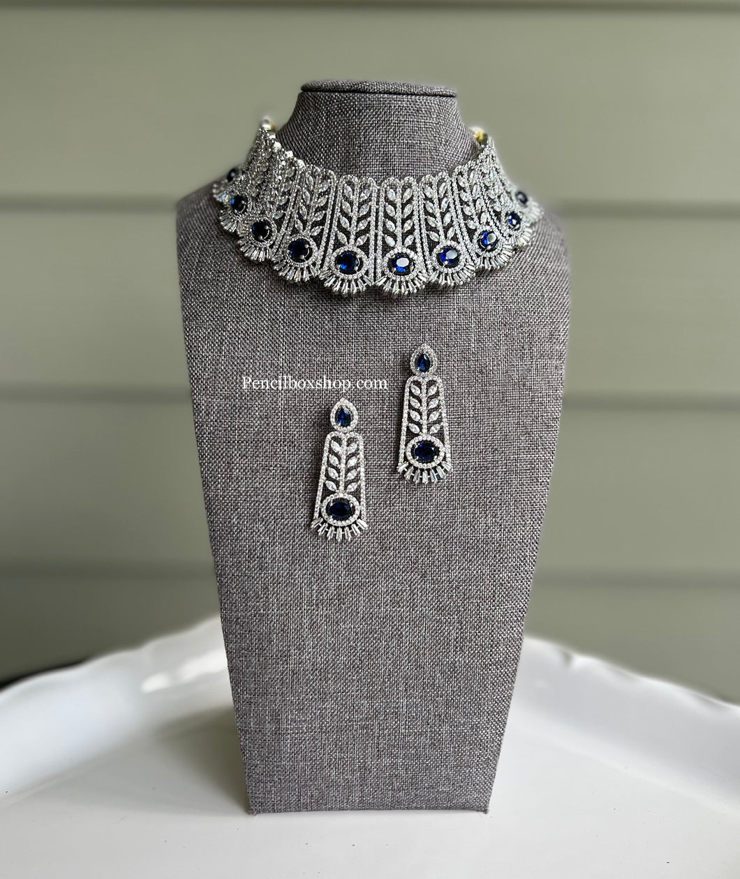 Statement American diamond Premium Royal Blue Choker necklace set