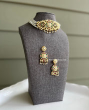 Load image into Gallery viewer, American diamond Pearl jadau Beads Multicolor stone Choker  Necklace set
