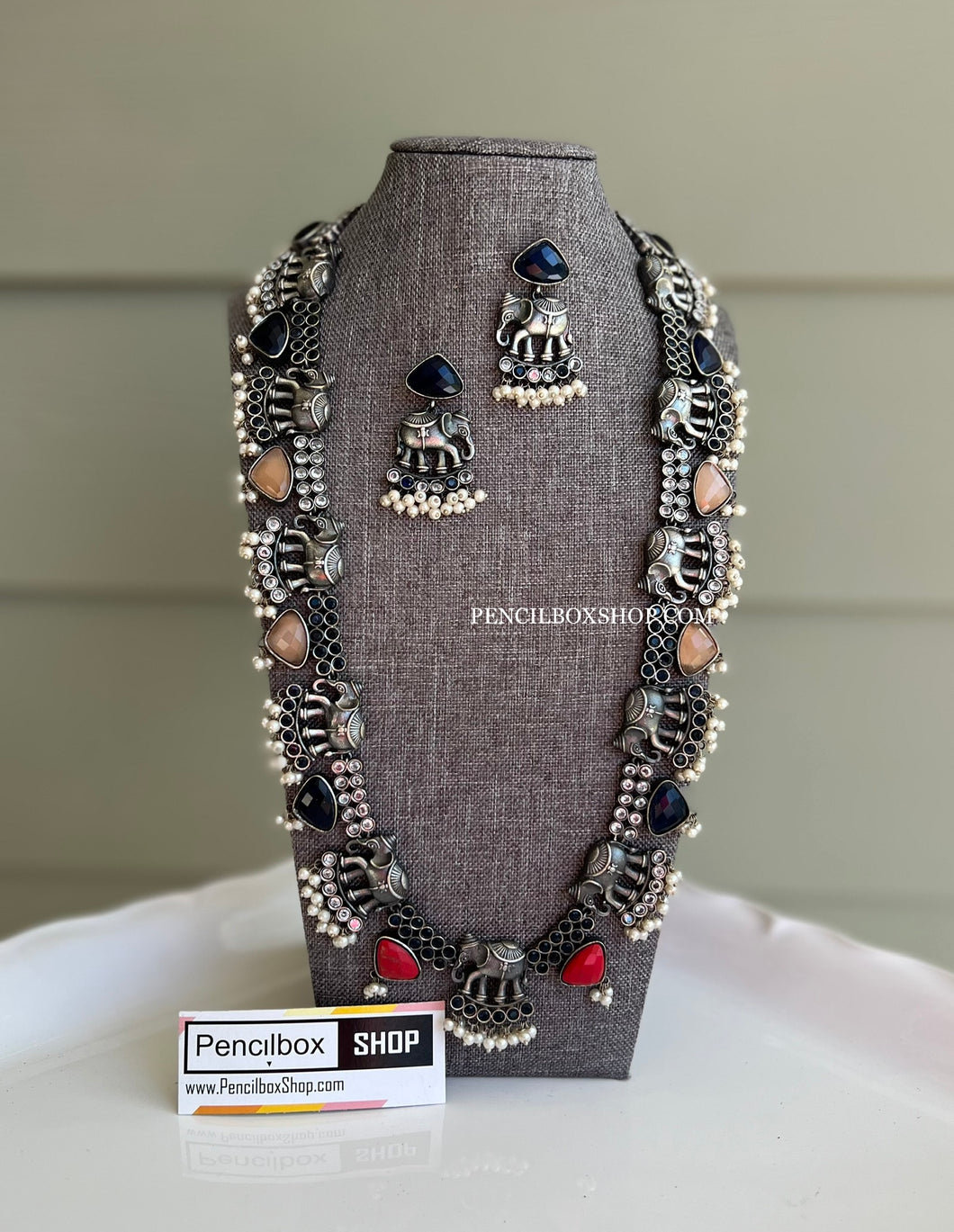 Elephant German silver Pearl Stone Long necklace set