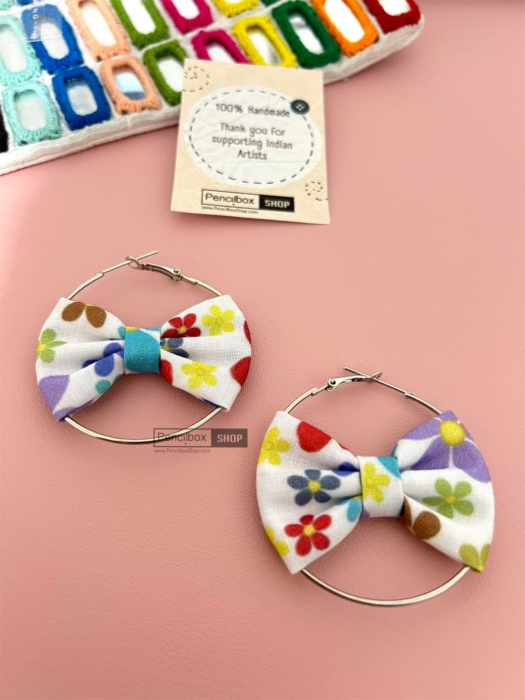 Handmade Bow Multicolor Flower Fabric White Hoop Earrings