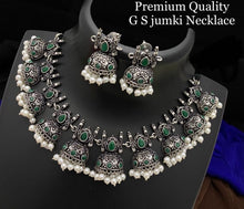 Load image into Gallery viewer, German silver Jhumka design Ruby green simple sleek necklace set
