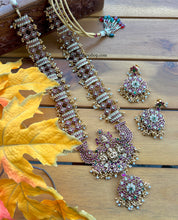 Load image into Gallery viewer, Lakshmi ji long Guttapusalu Pearls multicolor Real Kemp Stone Haram Temple Necklace set Jewelry
