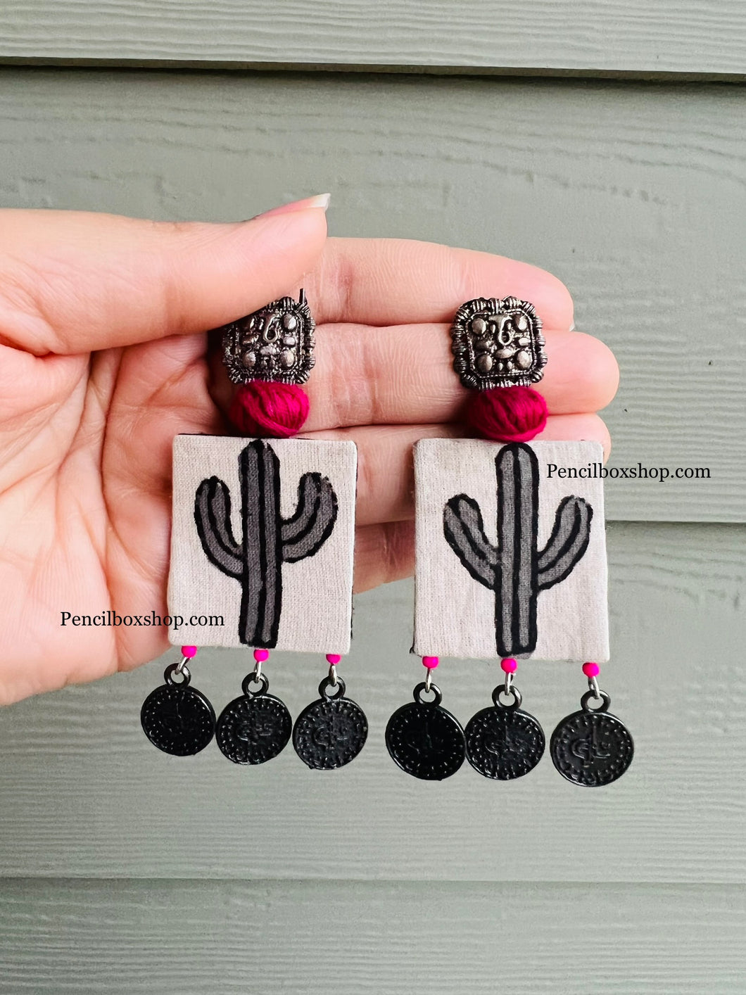 Handmade Fabric Cactus white Pink Earrings