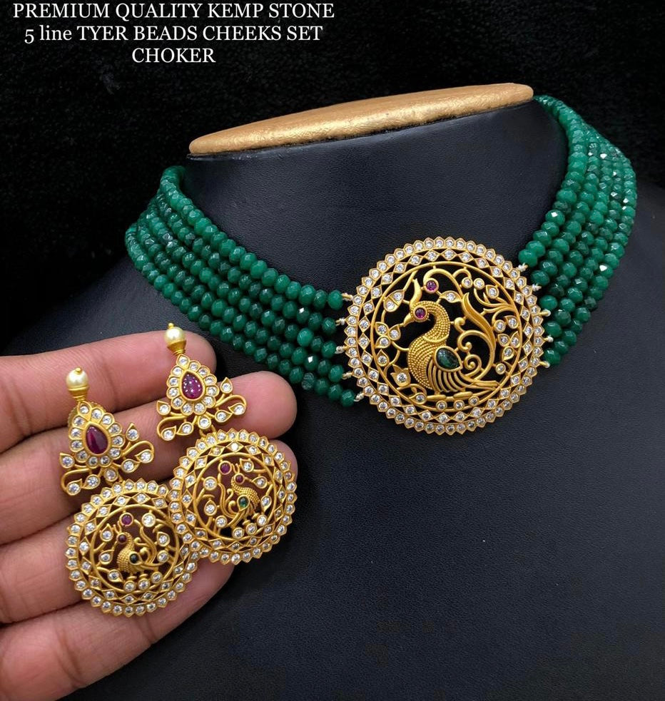 Peacock Green Beads Multicolor Kemp stone Choker  Necklace set