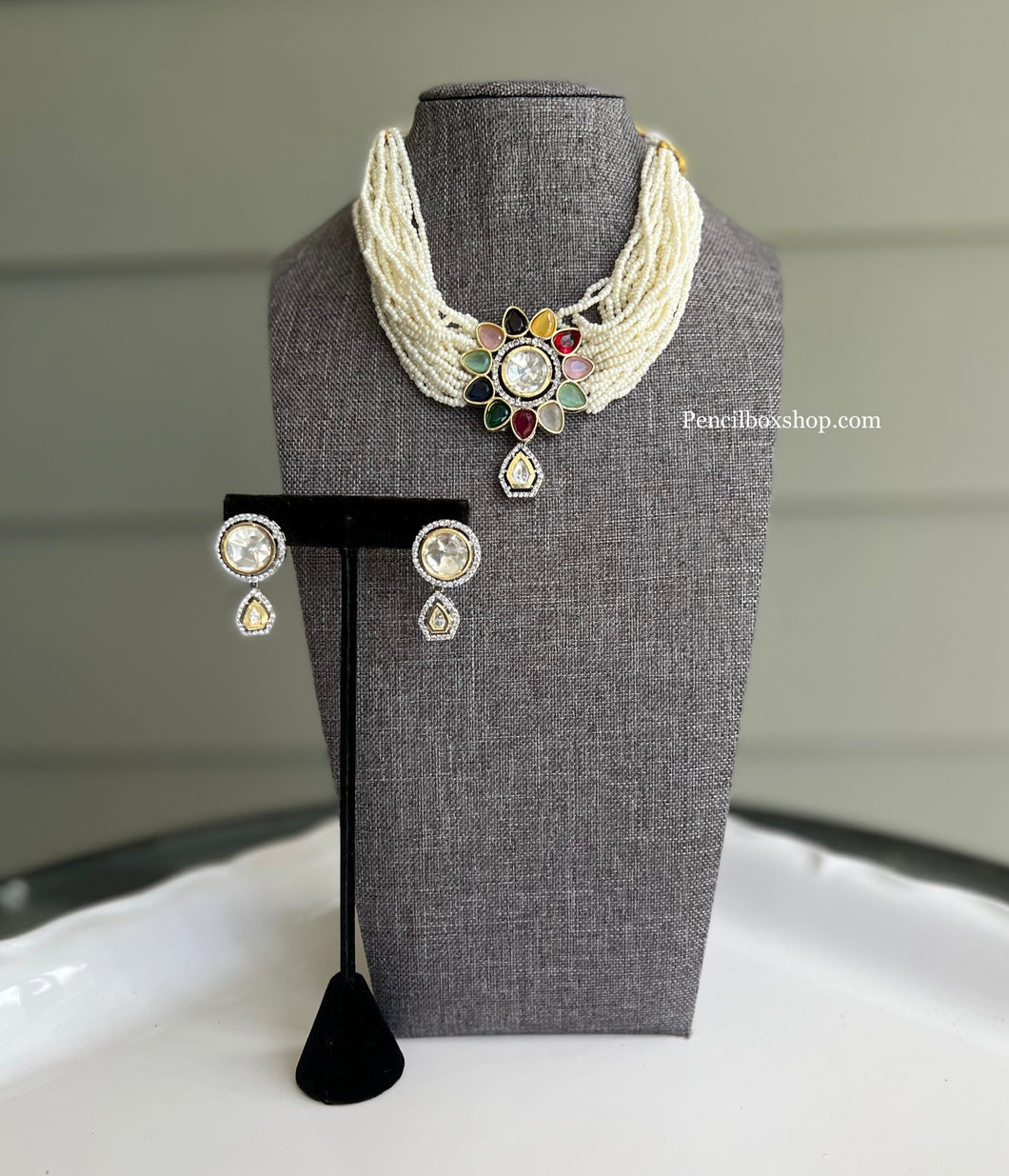 Polki Premium silver foiled Multicolor stone Pearl Choker necklace set