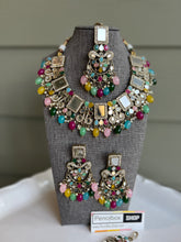 Load image into Gallery viewer, Multicolor Mirror Statement Glass Drops Necklace set with maangtikka
