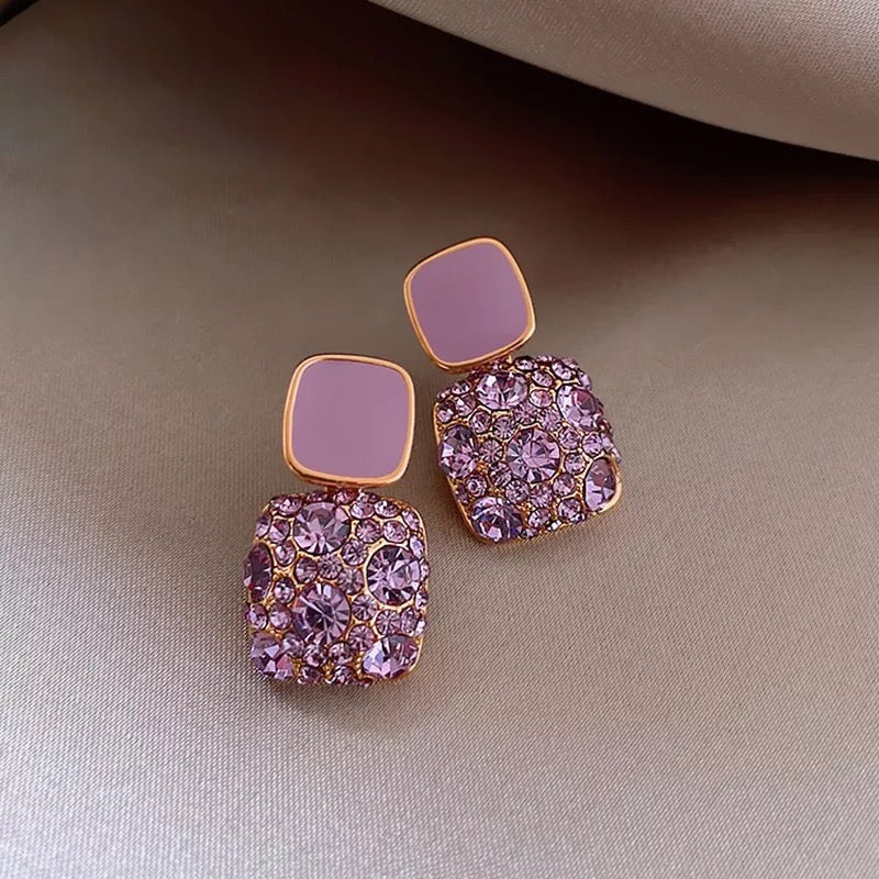 Purple Rhinestone Studded Enamel Paint Earrings IDW