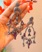 Load image into Gallery viewer, German Silver Ghunghroo Glass Stone Bird Long Statement Earrings
