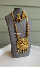 Load image into Gallery viewer, Gold matte Finish Krishna Nandi Multicolor Long necklace set with jhumkas
