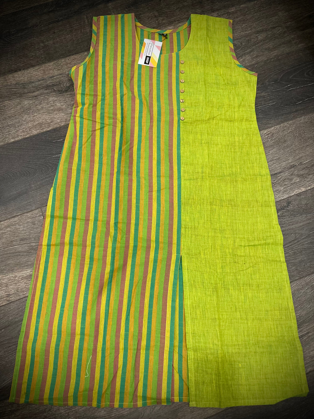 Green Cotton Straight Kurti half n half stripe indian dress