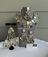 Load image into Gallery viewer, Multicolor Mirror Statement Glass Drops Necklace set with maangtikka
