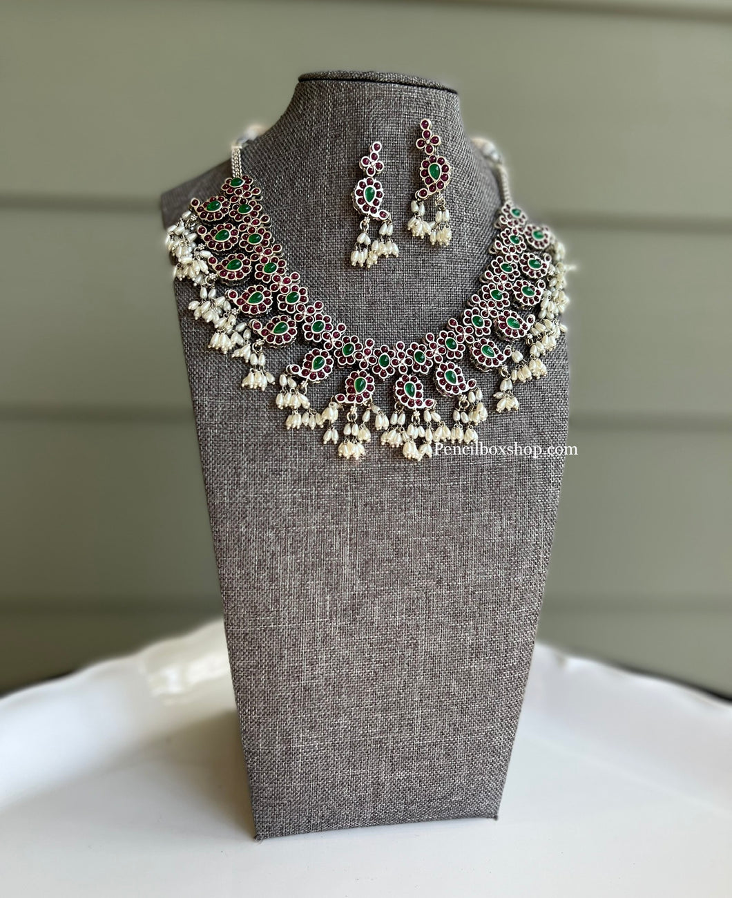 92.5 Silver coated Real Kemp stone Rice beads necklace set