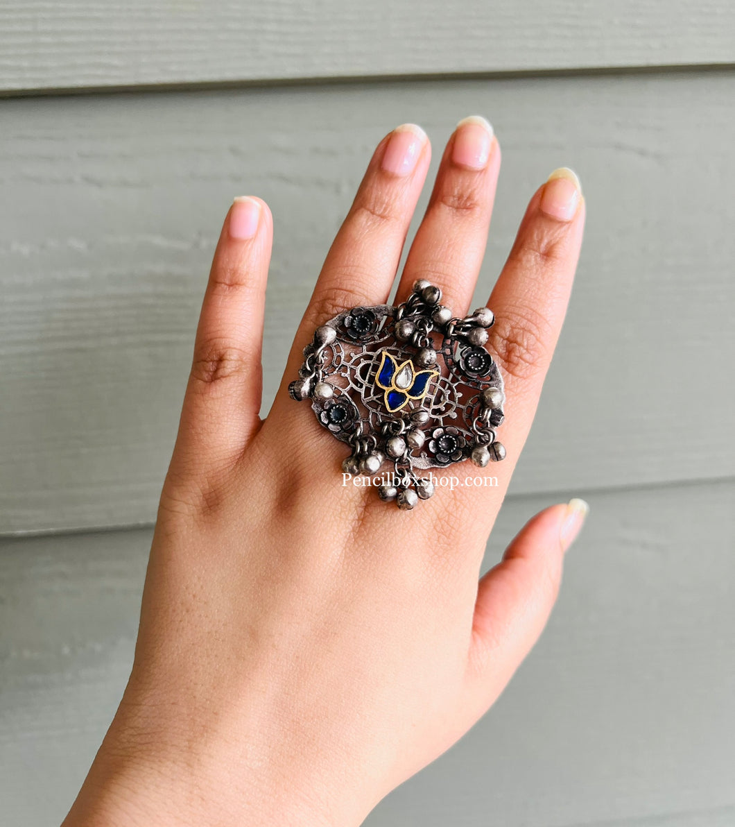 Pachi Kundan Blue Silver Ghunghroo Adjustable Ring