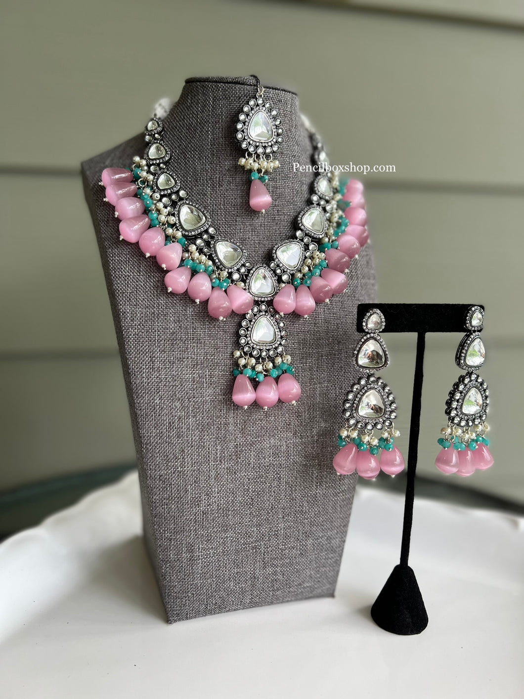 American Diamond Pink ocean blue Statement Drop Elegant Necklace set for women with maangtikka