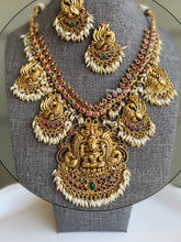 Load image into Gallery viewer, Lakshmi ji peacock Guttapusalu Rice Pearls multicolor Real Kemp Stone Golden beads Temple Necklace Jewelry
