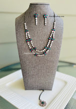 Load image into Gallery viewer, Two layer American Diamond Multicolor Victorian Polish Hanging Necklace set with maangtikka
